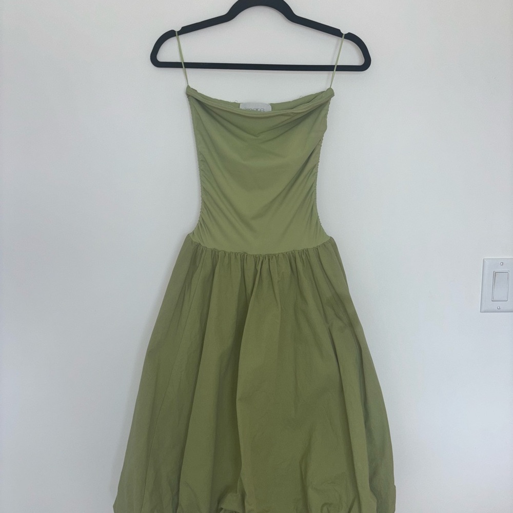 Anthropologie Strapless Olive Green Gathered Midi Dress